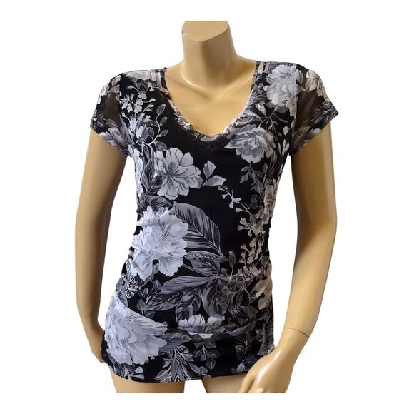 INC Womens Size Medium Short Sleeve V Neck Ruched Knit Floral Print Shirt Top - Picture 1 of 8